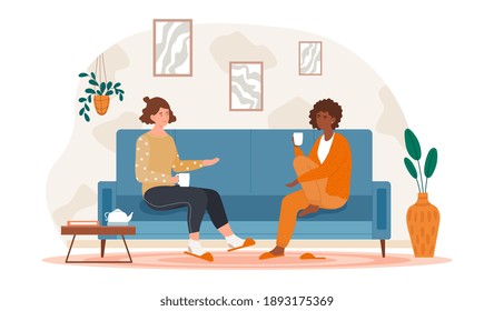 Two female friends drinking tea at home. Concept of happy friendship with laughing and gossiping. Friends sitting on comfortable couch. Flat cartoon vector illustration
