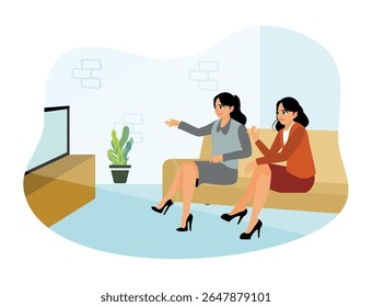 Duas amigas curtem o tempo livre juntas. Eles relaxam no sofá e desfrutam de um programa de televisão em casa.