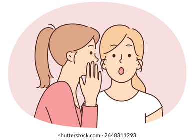Duas amigas fofocam contando segredos em ouvidos e discutindo ações de colegas de trabalho ou conhecidos em comum. Conceito de divulgação de informações falsas entre pessoas e uso de fofocas para calúnia