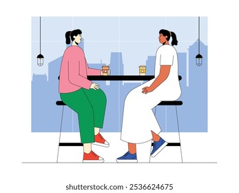 Two female friends hanging out at their favorite cafe enjoying a cup of drink, vector illustration of modern urban life.