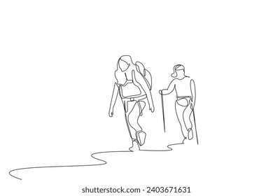 two female friends holiday winter season climbing hiking life one line art design