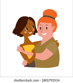 Two Female friends hugging isolated on white background. Vector cartoon character illustration.