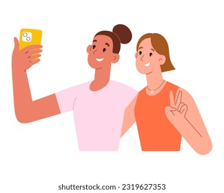 Two female friends make selfie, young women smiling, hugging and taking a selfie together using smartphone, happy girlfriends take self portrait, show peace gesture, flat vector illustration isolated