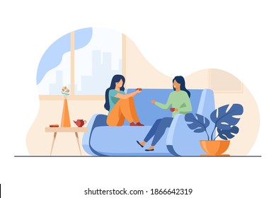 Two female friends meeting and chatting at home. Women drinking tea and talking on couch flat vector illustration. Friendship, leisure concept for banner, website design or landing web page