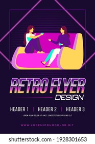 Two female friends meeting and chatting at home. Women drinking tea and talking on couch flat vector illustration. Friendship, leisure concept for banner, website design or landing web page