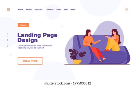 Two female friends meeting and chatting at home. Women drinking tea and talking on couch flat vector illustration. Friendship, leisure concept for banner, website design or landing web page