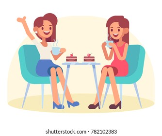 Two female friends sitting in a cafe and have fun. Flat style, vector illustration.