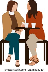 Two female friends are sitting on a bench at a table, drinking drinks and talking