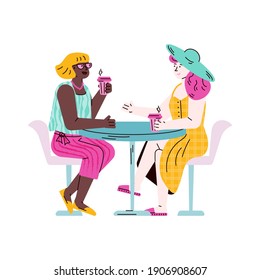 Two female friends sitting at table drinking take out coffee and talking - cartoon girls having drinks together and smiling. Flat isolated vector illustration on white background.