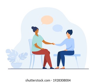 Two female friends talking and holding hands. Chat, speech bubble, chair flat vector illustration. Communication and friendship concept for banner, website design or landing web page