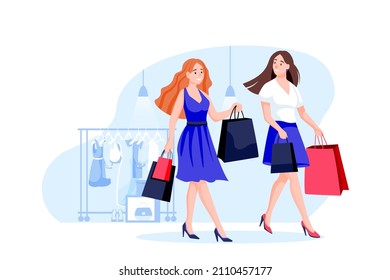 Two female friends walk with shopping bags through mall. Fashion clothes seasonal sale concept. Vector flat cartoon young women characters illustration