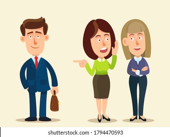 Two female friends whisper and spread rumors about their boss. Women gossip about their male employee, giggling and laughing. Vector illustration, flat design, cartoon style, isolated background.