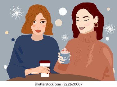 Two female girlfriends sit in a cafe and drink coffee and cocoa. Cosy winter vector illustration. Women are celebrating Christmas in the background of snowflakes. Hot winter drinks with marshmallow