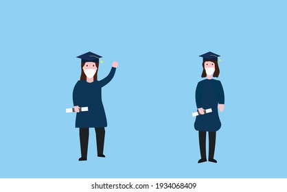 two female graduates with face masks hold their diplomas while maintaining social distancing on blue background