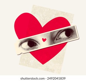 Two female halftone eyes sticker on abstract texture, minimal heart shape. Love yourself art collage, mindfulness to myself, self care vector illustration.