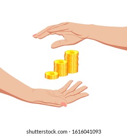 Two female hands around several piles of gold dollar coins. Saving and protection of money, capital and finance. For sites, prints, banners, announcements, advertising, banks and financial companies.