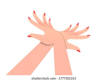 Two female hands with bright manicure are folded in a graceful gesture. Vector illustration, flat cartoon color design, isolated on white background, eps 10.