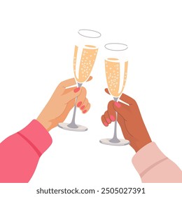 Two Female Hands Clinking Glasses of Sparkling Wine. Women Holding Wine Glasses. Characters Celebrating Holidays. Party Concept. Flat Cartoon Vector Illustration