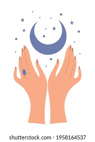 Two female hands and a crescent moon with stars, modern flat design, esoteric symbol for a witch, boho illustration for astrology. Vector isolated on white background.
