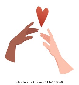 Two female hands of different skin colors reach for the heart