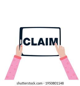 Two female hands, electronic tablet, claim. Demand concept, feminism. Flat vector illustration isolated on white background.