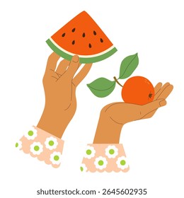Duas mãos femininas com punhos de camisa floral segurando a fatia de melancia madura e maçã vermelha inteira. Ilustração de vetor bonito de frutas sazonais, dieta, vitaminas, alimentação saudável, compras na loja da fazenda local.