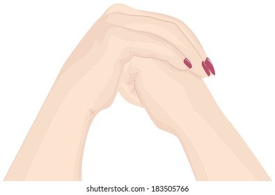 Two female hands folded on one another with a neat manicure