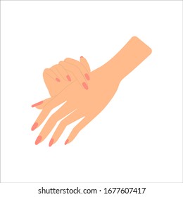 Dos manos hembras en un gesto de acariciar o aplicar a la piel. Ilustración vectorial, dibujo plano, cepa 10. Concepto: productos para el cuidado de las manos, crema, nutrición cutánea, protección de las manos contra el substa nocivo