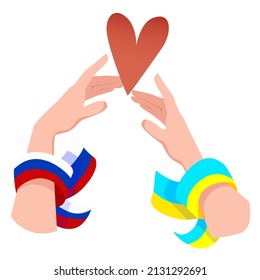 Two female hands with a heart from the war between Ukraine and Russia