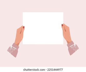 Two female hands hold a blank sheet of paper for text, a banner with copy space, a blank for an advertising message. Template for business, school, shop. Vector flat cartoon illustration.