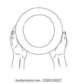 Two female hands hold a large empty plate. A template for your dish. Hand-drawn vector illustration.