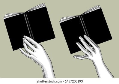 Two Female Hands Holding A Black Open Book. Vintage Engraving Stylized Drawing. Vector Illustration