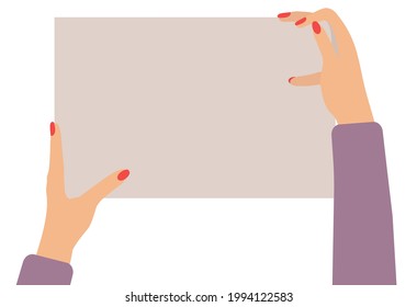 Dos manos femeninas sostienen un cartel vacío, copian espacio para el texto. Ilustración del vector