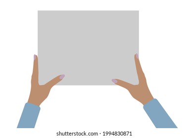 Two female hands holding empty banner, copy space for text. Vector illustration