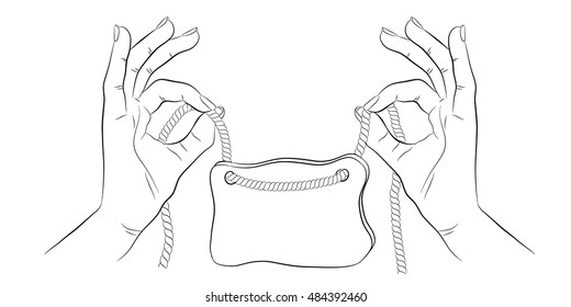 Two female hands holding an empty plate on a clothesline, black silhouette on a white background