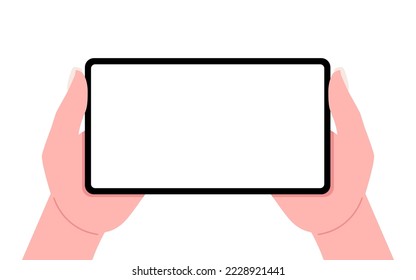 Two female hands holding a mobile smartphone mockup with an empty screen. Vector illustration.