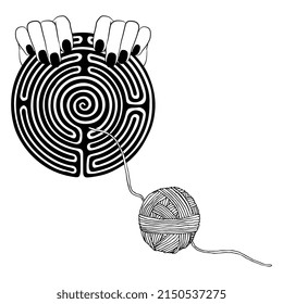 Two female hands holding a round spiral maze or labyrinth symbol and a yarn ball thread leading to it. Ariadne thread. Creative concept for challenge, solution and help. Black and white silhouette.