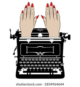 Dos manos hembras con largas uñas rojas que emergen de una máquina de escribir mecánica vintage. Concepto creativo feminista para voz femenina. Explotación de la mujer en la oficina.