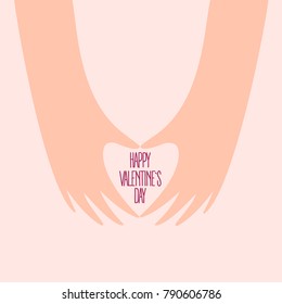 Two female hands make heart shape with fingers with Happy valentines day text inside. Love gesture. Romantic vector illustration on pink background. Design for greeting card