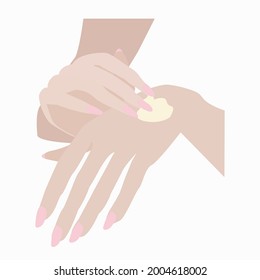 Two female hands with manicure, pink nail polish, with hand cream on one hand with a copy of the space. The concept of home hand skin care. Close-up. Vector eps10