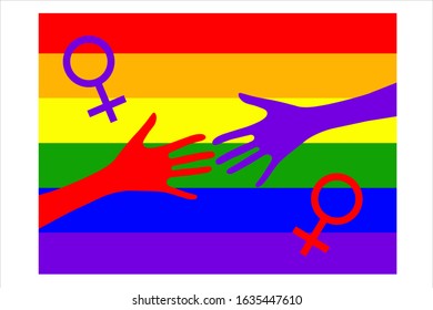 Two female hands on the background of the multi-colored flag of the LGBT community. LGBT vector.