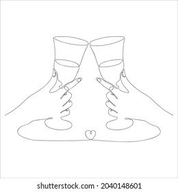 Two female hands with wine glasses drawn by one line. Romantic toast concept with heart shape. People sketch. Isolated on white background. Vector illustration in minimal style.