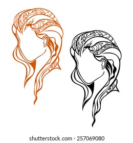 Two female head profile isolated. Tribal. Vector illustration. 