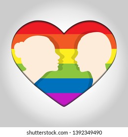 Two female head silhouette facing each other on the background of hearts in colors of LGBT