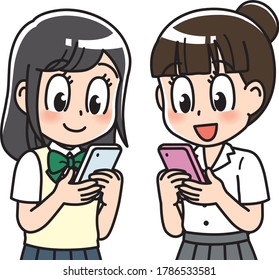 Zwei weibliche Oberschülerinnen mit Smartphone