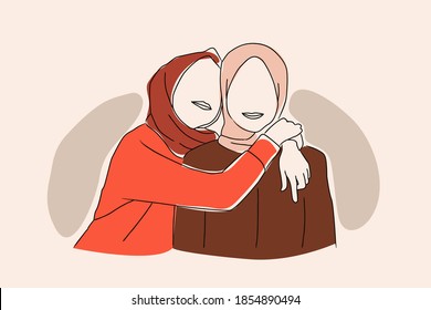 Two Female Hijab Sister Hugging Together Line Art. Arabian Muslim Sibling Embrace with Love and Smile Concept. Happy Sister or Sibling Day. 