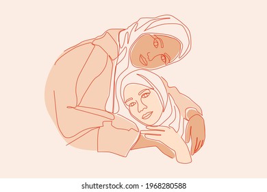 Two Female Hijab Sister Hugging Together Line Art. Arabian Muslim Sibling Embrace with Love and Smile Concept. Happy Sister or Sibling Day. 