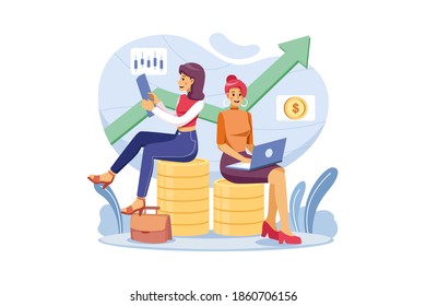 Two female investor achieving success and investing more Vector Illustration concept. Flat illustration isolated on white background.
