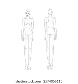 Two female line technical drawing croquis for flat fashion sketches and cads. 9 head vector mannequin design. 