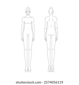 Two female line technical drawing croquis for flat fashion sketches and cads of a woman on heels. 9 head vector mannequin design. 